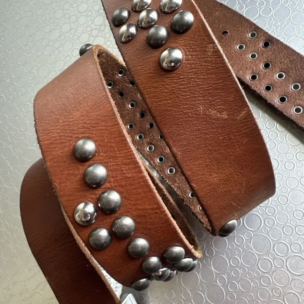 Replay Italian Leather Studded Belt Engraved Buckle Y2K Rocker - Size 100 US 38
